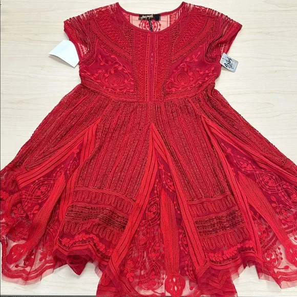 Free People red dress with beading and lace, size extra small, New,  never worn - Picture 4 of 15